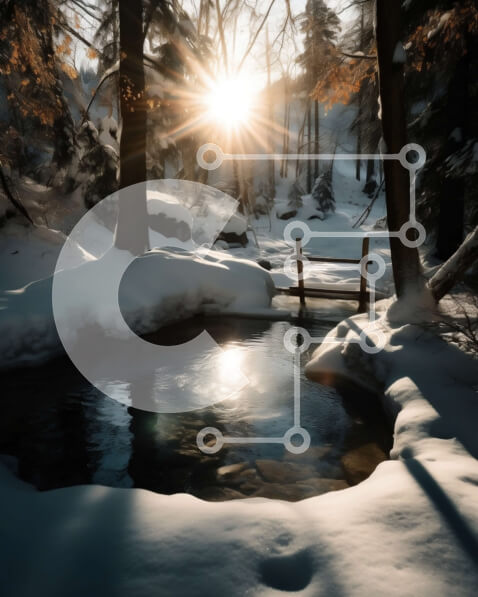 Intra Συλλεκτικό Ξύλινο Παζλ Plywood  4mm - Όμορφη σκηνή της φύσης με μικρό ρυάκι και χιονισμένα δέντρα Σε Ξύλινο Κουτί - Διαστάσεις: 10x10 cm – 25 κομμάτια