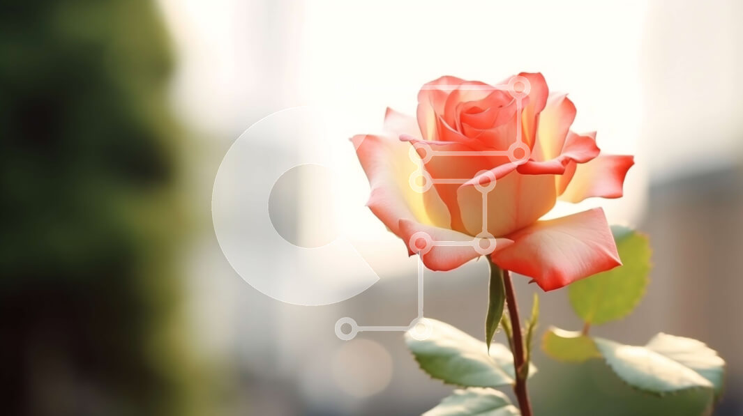 Intra Συλλεκτικό Ξύλινο Παζλ Plywood  4mm - Μονό ροζ τριαντάφυλλο ενάντια σε κτίρια της πόλης Σε Ξύλινο Κουτί - Διαστάσεις: 10x10 cm – 25 κομμάτια