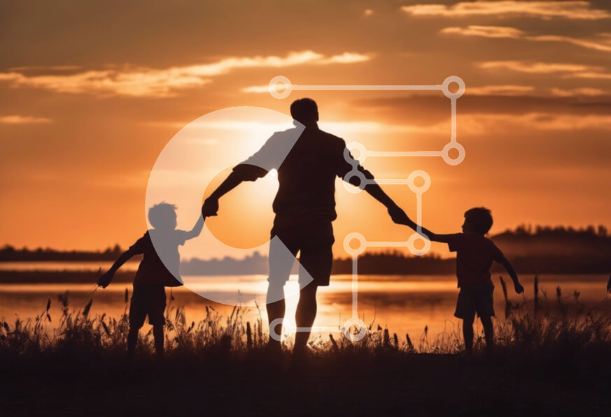 Intra Συλλεκτικό Ξύλινο Παζλ Plywood  4mm - Σιλουέτα ενός πατέρα και δύο παιδιών στο ηλιοβασίλεμα Σε Ξύλινο Κουτί - Διαστάσεις Puzzle: 10x10 cm – 25 κομμάτια