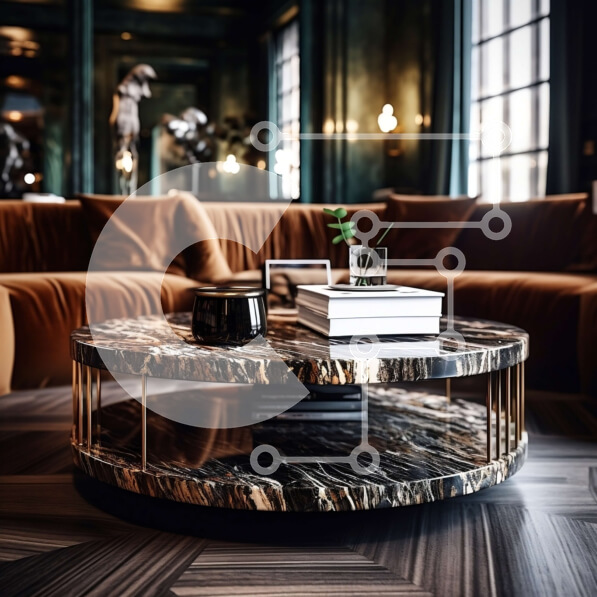 Intra Συλλεκτικό Ξύλινο Παζλ Plywood  4mm - Κομψό και μοντέρνο σαλόνι με μαύρο μαρμάρινο τραπεζάκι σαλονιού και καφέ δερμάτινους καναπέδες Σε Ξύλινο Κουτί - Διαστάσεις Puzzle: 10x10 cm – 25 κομμάτια