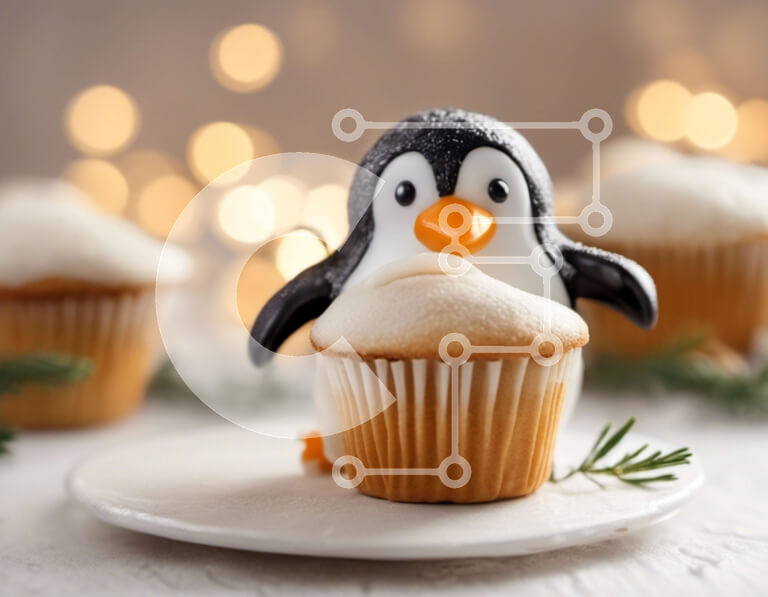 Intra Συλλεκτικό Ξύλινο Παζλ Plywood  4mm - Ειδώλιο πιγκουίνου σε cupcake με κουκουνάρια Σε Ξύλινο Κουτί - Διαστάσεις Puzzle: 10x10 cm – 25 κομμάτια