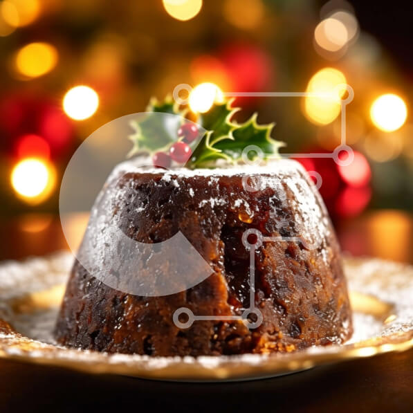 Σετ των 2 Intra Συλλεκτικό Ξύλινο Παζλ Plywood  4mm - Κοντινή εικόνα της χριστουγεννιάτικης πουτίγκας με φύλλα πουρνάρι και σάλτσα σοκολάτας Σε Ξύλινο Κουτί - Διαστάσεις: 10x10 cm – 25 κομμάτια