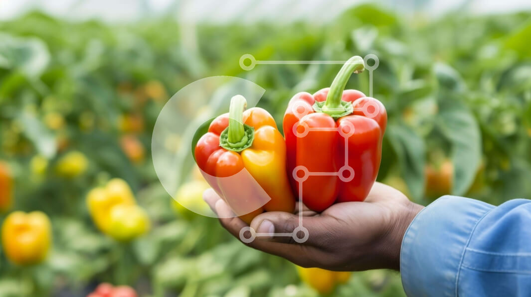 Σετ των 2 Intra Συλλεκτικό Ξύλινο Παζλ Plywood  4mm - Πρόσωπο που κρατά φρέσκες κόκκινες και κίτρινες πιπεριές Σε Ξύλινο Κουτί - Διαστάσεις: 10x10 cm – 25 κομμάτια