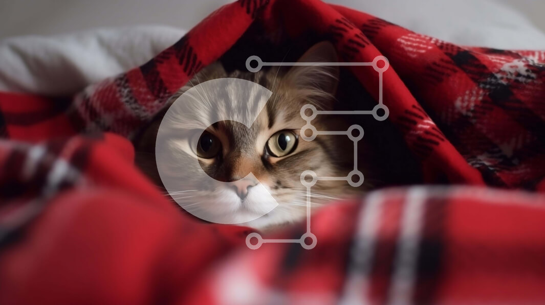 Σετ των 2 Intra Συλλεκτικό Ξύλινο Παζλ Plywood  4mm - Τιγρέ γάτα που κρύβεται κάτω από την κόκκινη και λευκή καρό κουβέρτα Σε Ξύλινο Κουτί - Διαστάσεις: 10x10 cm – 25 κομμάτια