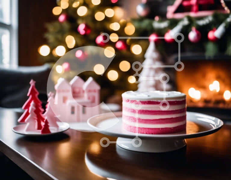 Σετ των 2 Intra Συλλεκτικό Ξύλινο Παζλ Plywood  4mm - Ροζ ριγέ τούρτα στο τραπέζι με διακοσμητικό τζάκι Σε Ξύλινο Κουτί - Διαστάσεις: 10x10 cm – 25 κομμάτια