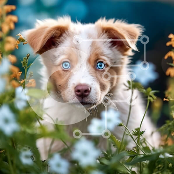 Intra Συλλεκτικό Ξύλινο Παζλ Plywood  4mm - Αξιολάτρευτο καφέ και λευκό κουτάβι με μπλε μάτια ανάμεσα σε λουλούδια Σε Ξύλινο Κουτί - Διαστάσεις: 10x10 cm – 25 κομμάτια