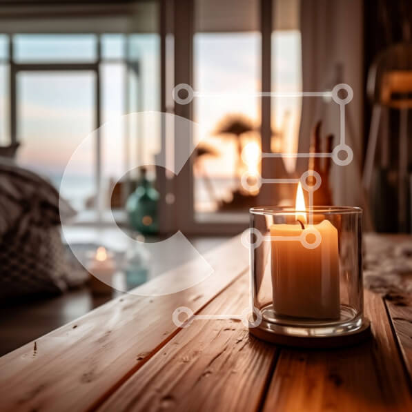 Intra Συλλεκτικό Ξύλινο Παζλ Plywood  4mm - Χαλαρωτικό υπνοδωμάτιο με θέα στον ωκεανό και ατμόσφαιρα υπό το φως των κεριών Σε Ξύλινο Κουτί - Διαστάσεις Puzzle: 10x10 cm – 25 κομμάτια