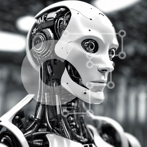 Intra Συλλεκτικό Ξύλινο Παζλ Plywood  4mm - Κοντινό πλάνο ρομπότ τεχνητής νοημοσύνης (AI) με κεκλιμένο κεφάλι Σε Ξύλινο Κουτί - Διαστάσεις Puzzle: 10x10 cm – 25 κομμάτια