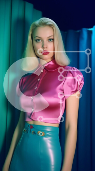 Intra Συλλεκτικό Ξύλινο Παζλ Plywood  4mm - Κομψή γυναίκα με ροζ μπλούζα και μπλε φούστα ποζάρει μπροστά από την μπλε κουρτίνα Σε Ξύλινο Κουτί - Διαστάσεις Puzzle: 10x10 cm – 25 κομμάτια