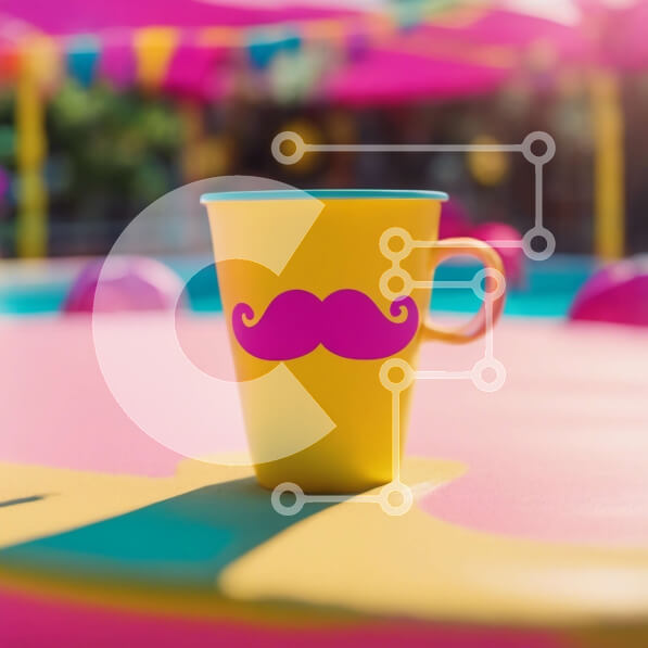 Intra Συλλεκτικό Ξύλινο Παζλ Plywood  4mm - Κίτρινο κύπελλο με ροζ μουστάκι αυτοκόλλητο σε πολύχρωμο τραπέζι Σε Ξύλινο Κουτί - Διαστάσεις: 10x10 cm – 25 κομμάτια