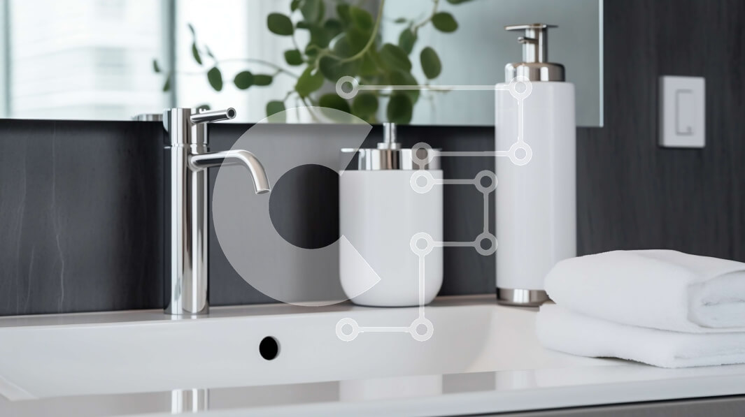 Intra Συλλεκτικό Ξύλινο Παζλ Plywood  4mm - Μοντέρνος νεροχύτης μπάνιου με βρύση χρωμίου και λευκές πετσέτες Σε Ξύλινο Κουτί - Διαστάσεις Puzzle: 10x10 cm – 25 κομμάτια