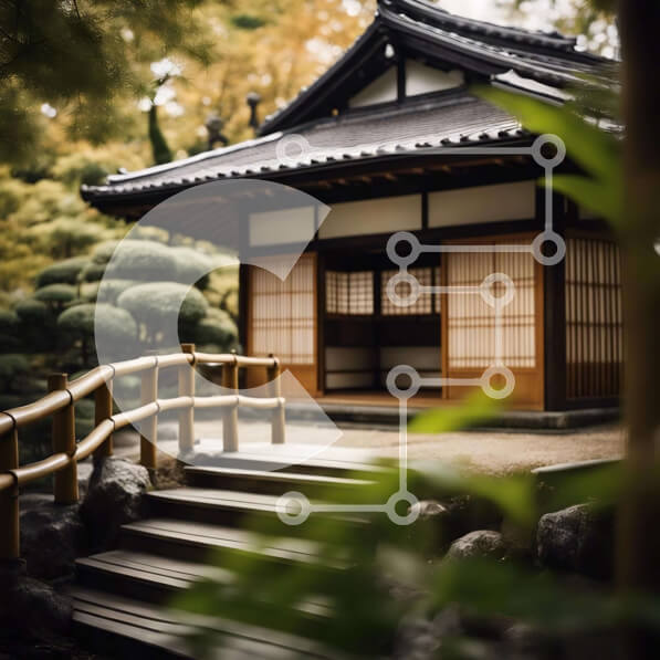 Intra Συλλεκτικό Ξύλινο Παζλ Plywood  4mm - Κτήριο ιαπωνικού στιλ με ξύλινα σκαλοπάτια και περιβάλλοντα κήπο Σε Ξύλινο Κουτί - Διαστάσεις Puzzle: 10x10 cm – 25 κομμάτια