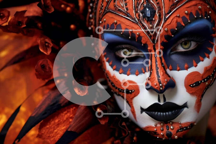 Intra Συλλεκτικό Ξύλινο Παζλ Plywood  4mm - Εκπληκτική γυναίκα με κόκκινο και μαύρο σκελετό κοστούμι με λευκή μπογιά προσώπου και μαύρο eyeliner Σε Ξύλινο Κουτί - Διαστάσεις Puzzle: 10x10 cm – 25 κομμάτια