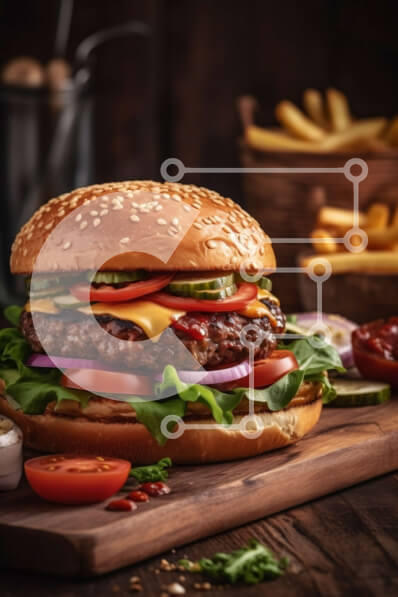 Σετ των 2 Intra Συλλεκτικό Ξύλινο Παζλ Plywood  4mm - Ζουμερό Cheeseburger με μαρούλι, ντομάτα και πατάτες σε ξύλινο τραπέζι | Φωτογραφία Τροφίμων Σε Ξύλινο Κουτί - Διαστάσεις: 10x10 cm – 25 κομμάτια