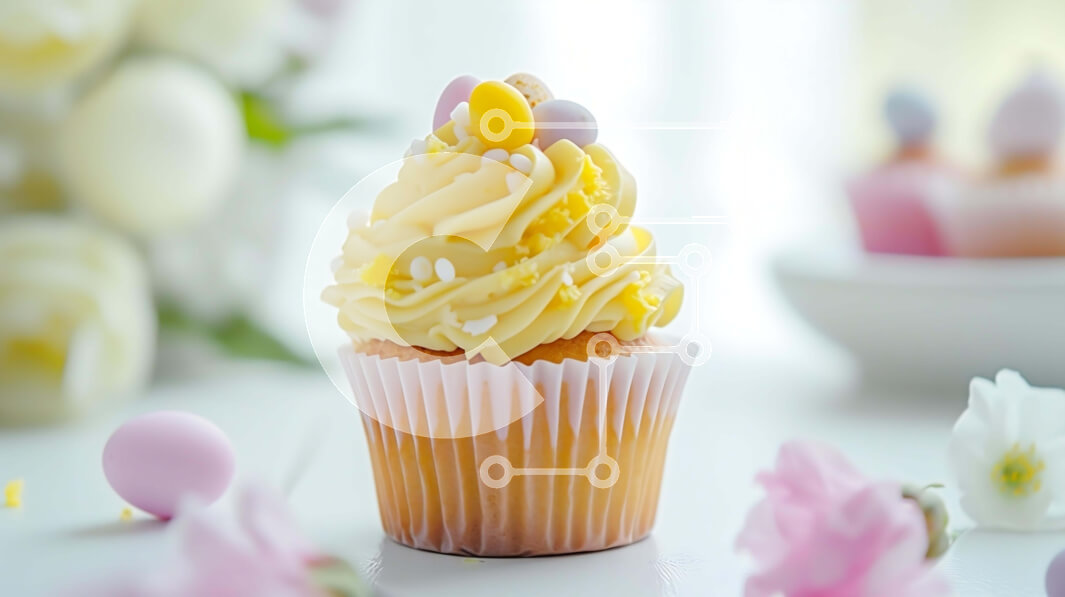 Σετ των 2 Intra Συλλεκτικό Ξύλινο Παζλ Plywood  4mm - Κίτρινο Cupcake με λουλούδια στο τραπέζι Σε Ξύλινο Κουτί - Διαστάσεις: 10x10 cm – 25 κομμάτια