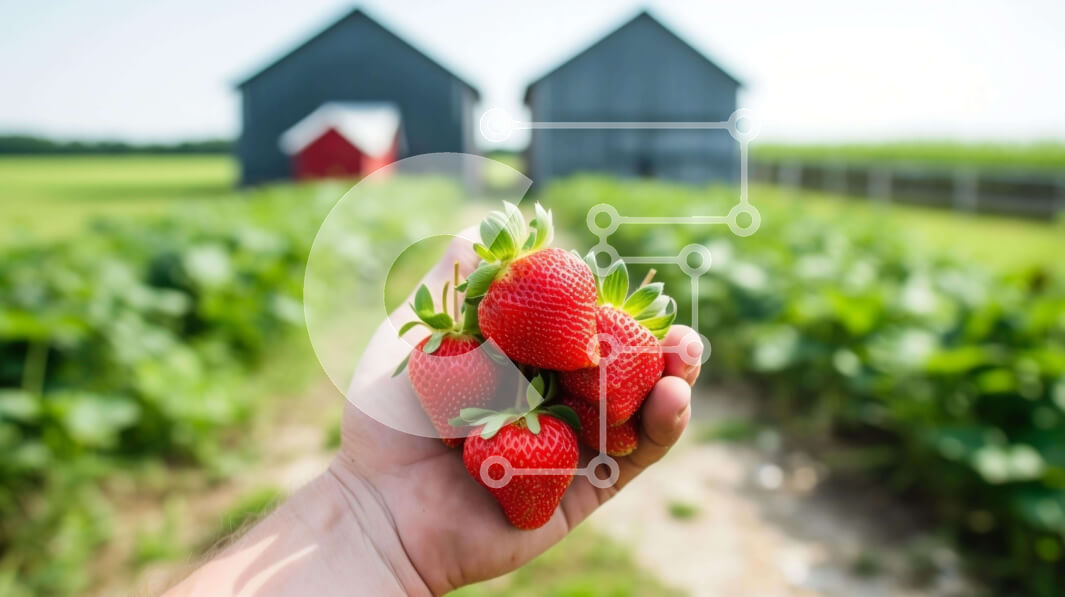 Intra Συλλεκτικό Ξύλινο Παζλ Plywood  4mm - Χέρι που κρατά τις φράουλες μπροστά από ένα αγρόκτημα και σιταποθήκες Σε Ξύλινο Κουτί - Διαστάσεις: 10x10 cm – 25 κομμάτια