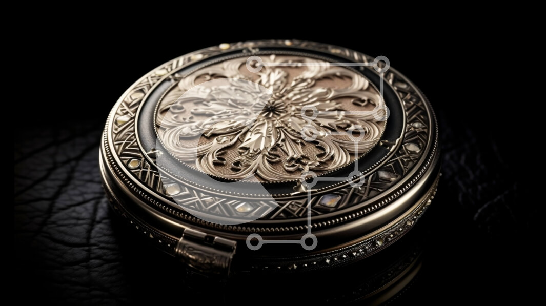 Intra Συλλεκτικό Ξύλινο Παζλ Plywood  4mm - Όμορφη κοντινή εικόνα χρυσού ρολογιού τσέπης με λουλουδάτο μοτίβο στο πρόσωπο Σε Ξύλινο Κουτί - Διαστάσεις: 10x10 cm – 25 κομμάτια