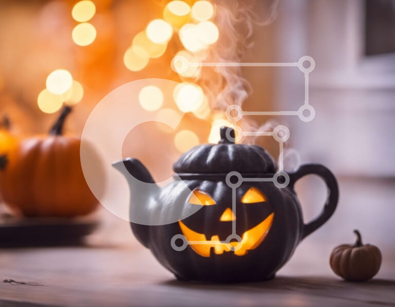 Σετ των 2 Intra Συλλεκτικό Ξύλινο Παζλ Plywood  4mm - Μαύρη τσαγιέρα με σκαλίσματα κολοκύθας για το Halloween Σε Ξύλινο Κουτί - Διαστάσεις: 10x10 cm – 25 κομμάτια