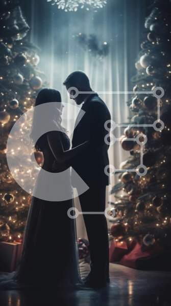 Intra Συλλεκτικό Ξύλινο Παζλ Plywood  4mm - Ρομαντική γαμήλια εικόνα: Νύφη και γαμπρός μπροστά από το αναμμένο χριστουγεννιάτικο δέντρο με δώρα Σε Ξύλινο Κουτί - Διαστάσεις Puzzle: 10x10 cm – 25 κομμάτια