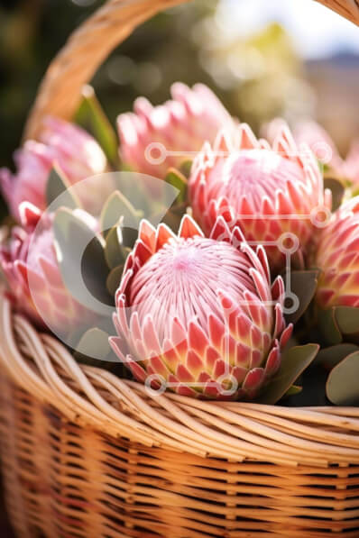 Σετ των 2 Intra Συλλεκτικό Ξύλινο Παζλ Plywood  4mm - Ψάθινο καλάθι με φρέσκα ροζ λουλούδια Πρωτέας Σε Ξύλινο Κουτί - Διαστάσεις: 10x10 cm – 25 κομμάτια