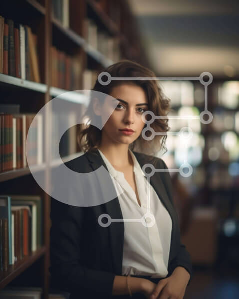 Intra Συλλεκτικό Ξύλινο Παζλ Plywood  4mm - Νεαρή γυναίκα με επιχειρησιακή-casual ενδυμασία στη βιβλιοθήκη Σε Ξύλινο Κουτί - Διαστάσεις Puzzle: 10x10 cm – 25 κομμάτια