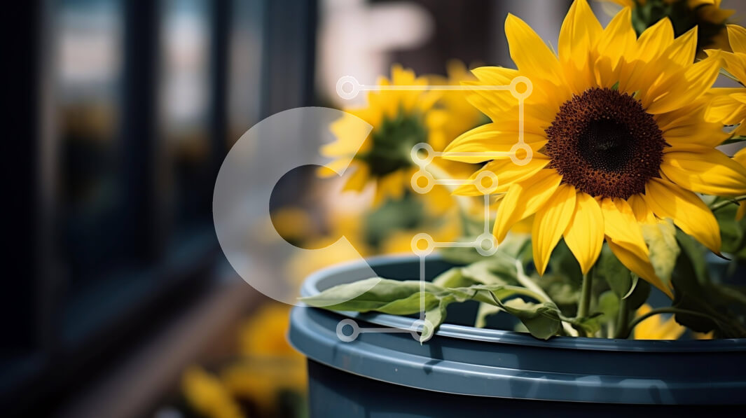 Intra Συλλεκτικό Ξύλινο Παζλ Plywood  4mm - Μπλε κουβάς με ηλιοτρόπια σε πρώτο πλάνο Σε Ξύλινο Κουτί - Διαστάσεις: 10x10 cm – 25 κομμάτια