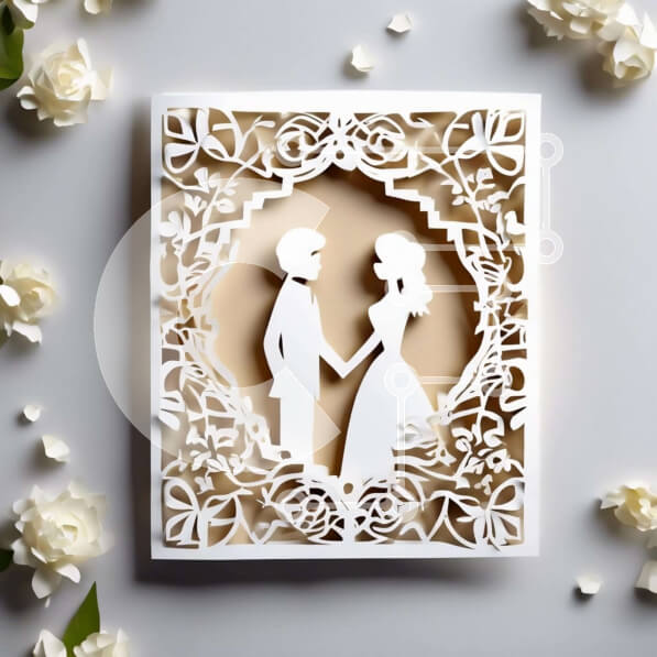 Intra Συλλεκτικό Ξύλινο Παζλ Plywood  4mm - Προσκλητήριο ή Κάρτα Γάμου με χάρτινο ζεύγος και λευκά λουλούδια Σε Ξύλινο Κουτί - Διαστάσεις: 10x10 cm – 25 κομμάτια