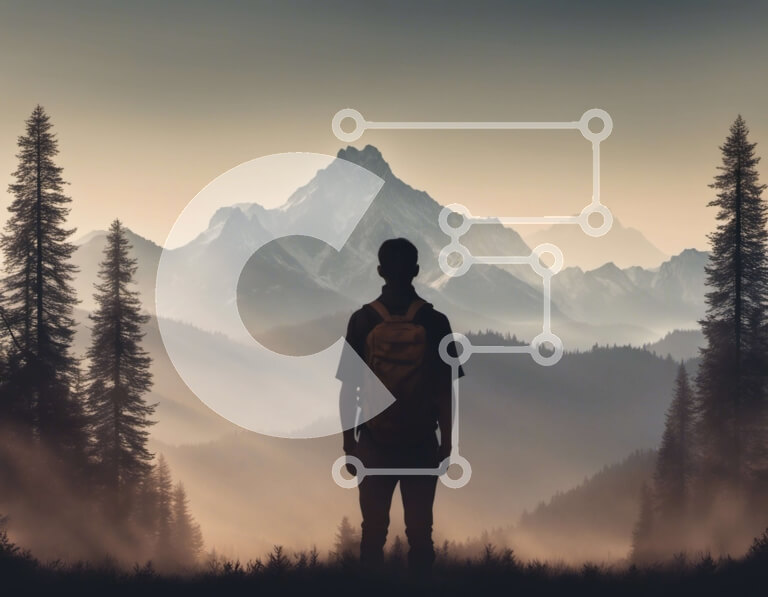 Intra Συλλεκτικό Ξύλινο Παζλ Plywood  4mm - Άτομο που στέκεται μπροστά από βουνά και δέντρα με σακίδιο Σε Ξύλινο Κουτί - Διαστάσεις: 10x10 cm – 25 κομμάτια