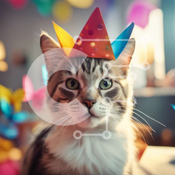 Intra Συλλεκτικό Ξύλινο Παζλ Plywood  4mm - Γάτα που φορά ένα καπέλο γενεθλίων με στολίδια πάρτι στο βάθος Σε Ξύλινο Κουτί - Διαστάσεις: 10x10 cm – 25 κομμάτια