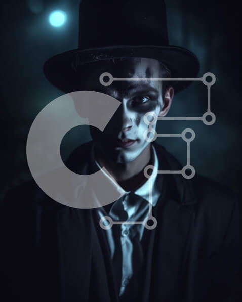 Intra Συλλεκτικό Ξύλινο Παζλ Plywood  4mm - Απόκοσμη εικόνα ενός άνδρα με μαύρο κοστούμι και καπέλο με απόκοσμο λευκό μακιγιάζ Σε Ξύλινο Κουτί - Διαστάσεις Puzzle: 10x10 cm – 25 κομμάτια