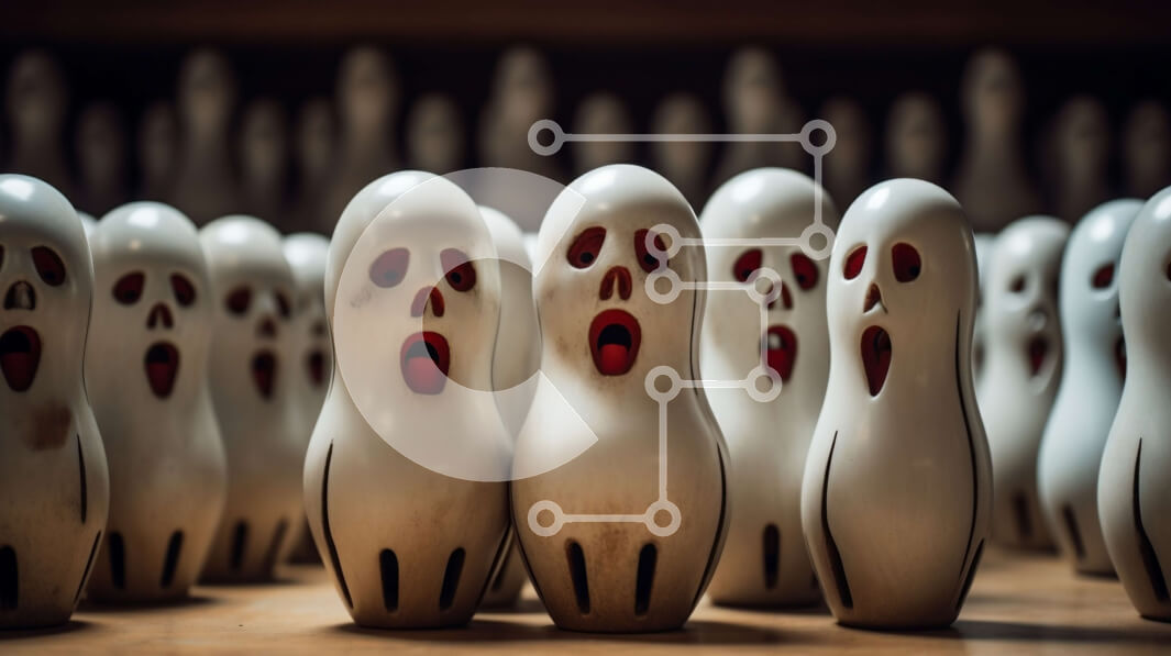 Intra Συλλεκτικό Ξύλινο Παζλ Plywood  4mm - Ομάδα στοιχειωμένων καρφίτσες μπόουλινγκ με κόκκινα μάτια και ανοιχτά στόματα Σε Ξύλινο Κουτί - Διαστάσεις Puzzle: 10x10 cm – 25 κομμάτια