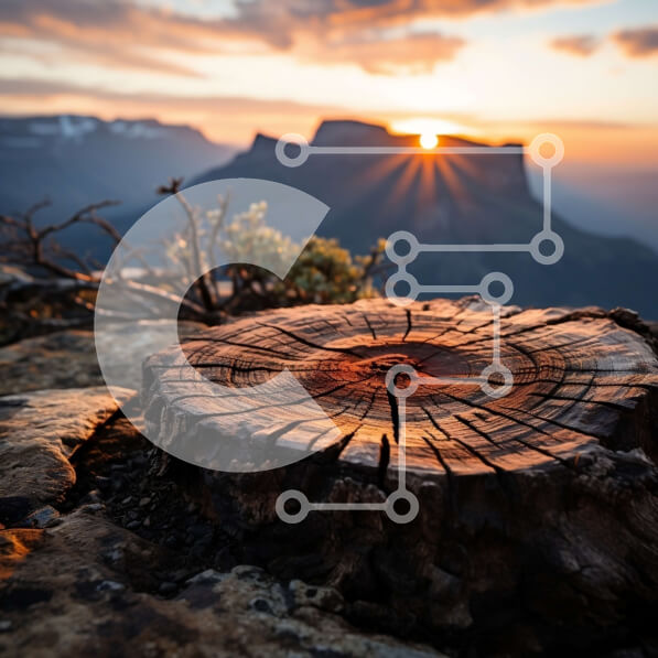 Intra Συλλεκτικό Ξύλινο Παζλ Plywood  4mm - Εκπληκτικό ηλιοβασίλεμα πάνω από τα μαγευτικά βουνά με το κούτσουρο δέντρου σε πρώτο πλάνο Σε Ξύλινο Κουτί - Διαστάσεις: 10x10 cm – 25 κομμάτια