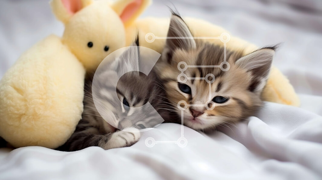 Σετ των 2 Intra Συλλεκτικό Ξύλινο Παζλ Plywood  4mm - Δύο γατάκια που ξεκουράζονται στο κρεβάτι με τα γεμιστά ζώα Σε Ξύλινο Κουτί - Διαστάσεις: 10x10 cm – 25 κομμάτια