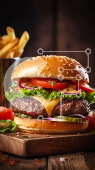 Intra Συλλεκτικό Ξύλινο Παζλ Plywood  4mm - Ζουμερό Cheeseburger με φρέσκο ​​μαρούλι και ντομάτα σε ξύλινο τραπέζι Σε Ξύλινο Κουτί - Διαστάσεις: 10x10 cm – 25 κομμάτια