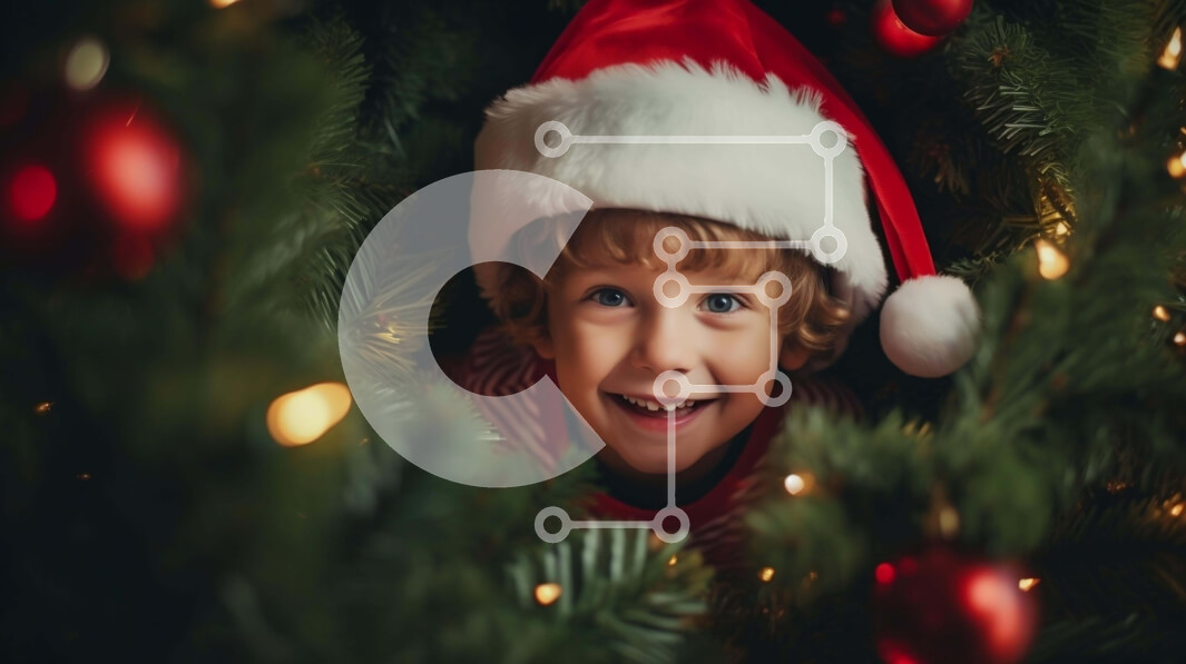 Intra Συλλεκτικό Ξύλινο Παζλ Plywood  4mm - Νεαρό αγόρι που κρυφοκοιτάζει πίσω από το χριστουγεννιάτικο δέντρο με το καπέλο του Άγιου Βασίλη Σε Ξύλινο Κουτί - Διαστάσεις Puzzle: 10x10 cm – 25 κομμάτια