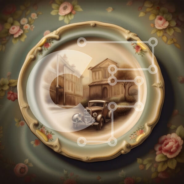 Intra Συλλεκτικό Ξύλινο Παζλ Plywood  4mm - Vintage αυτοκίνητο με ροζ και λευκά λουλούδια στο κτίριο Σε Ξύλινο Κουτί - Διαστάσεις Puzzle: 10x10 cm – 25 κομμάτια