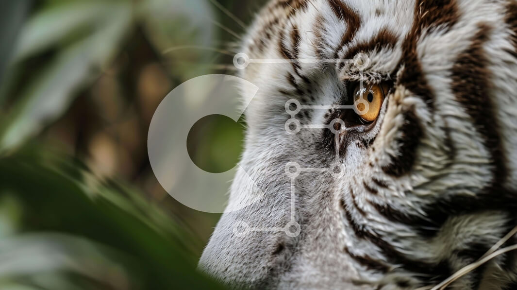 Intra Συλλεκτικό Ξύλινο Παζλ Plywood  4mm - Κοντινό πλάνο του προσώπου μιας λευκής τίγρης που κρυφοκοιτάζει μέσα από το φύλλωμα Σε Ξύλινο Κουτί - Διαστάσεις: 10x10 cm – 25 κομμάτια