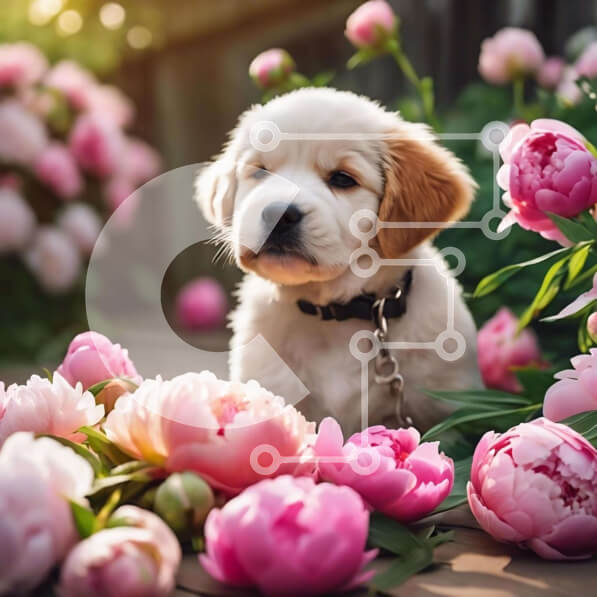 Intra Συλλεκτικό Ξύλινο Παζλ Plywood  4mm - Κουτάβι ανάμεσα σε ροζ παιώνιες Σε Ξύλινο Κουτί - Διαστάσεις: 10x10 cm – 25 κομμάτια