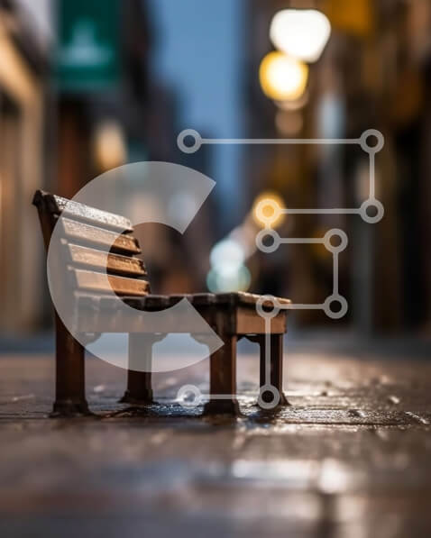 Intra Συλλεκτικό Ξύλινο Παζλ Plywood  4mm - Γραφική σκηνή από παλιό ξύλινο παγκάκι σε ένα πεζοδρόμιο σε μια πολυσύχναστη οδό της πόλης Σε Ξύλινο Κουτί - Διαστάσεις Puzzle: 10x10 cm – 25 κομμάτια