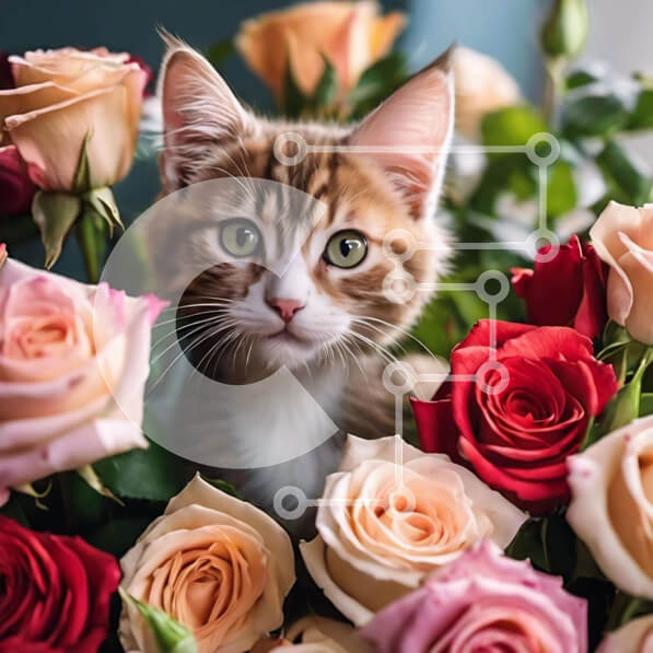 Intra Συλλεκτικό Ξύλινο Παζλ Plywood  4mm - Περίεργο γατάκι ανάμεσα σε πολύχρωμα τριαντάφυλλα Σε Ξύλινο Κουτί - Διαστάσεις: 10x10 cm – 25 κομμάτια