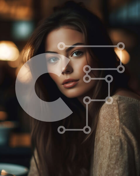 Intra Συλλεκτικό Ξύλινο Παζλ Plywood  4mm - Σοβαρή νεαρή γυναίκα με μπεζ πουλόβερ στο εστιατόριο Dimly-Lit Σε Ξύλινο Κουτί - Διαστάσεις Puzzle: 10x10 cm – 25 κομμάτια