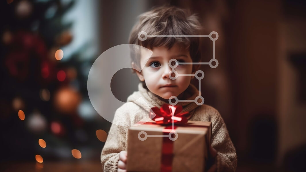 Intra Συλλεκτικό Ξύλινο Παζλ Plywood  4mm - Νεαρό αγόρι με δώρο μπροστά από το χριστουγεννιάτικο δέντρο Σε Ξύλινο Κουτί - Διαστάσεις: 10x10 cm – 25 κομμάτια