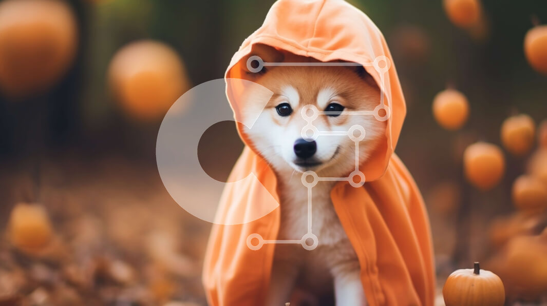 Intra Συλλεκτικό Ξύλινο Παζλ Plywood  4mm - Περίεργος σκύλος με πορτοκαλί κουκούλα που κάθεται ανάμεσα σε κολοκύθες Σε Ξύλινο Κουτί - Διαστάσεις: 10x10 cm – 25 κομμάτια