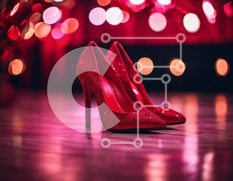 Intra Συλλεκτικό Ξύλινο Παζλ Plywood  4mm - Κόκκινα ψηλοτάκουνα παπούτσια με πολύχρωμα φώτα Bokeh Σε Ξύλινο Κουτί - Διαστάσεις Puzzle: 10x10 cm – 25 κομμάτια