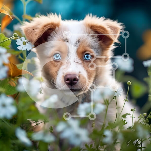 Intra Συλλεκτικό Ξύλινο Παζλ Plywood  4mm - Ευτυχισμένος σκύλος με μπλε μάτια που κάθεται ανάμεσα σε λουλούδια σε έναν κήπο Σε Ξύλινο Κουτί - Διαστάσεις: 10x10 cm – 25 κομμάτια