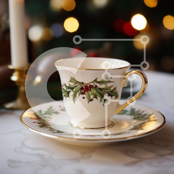 Intra Συλλεκτικό Ξύλινο Παζλ Plywood  4mm - Γιορτινό λευκό φλιτζάνι και πιατάκι με φύλλα πουρνάρι σε τραπεζομάντιλο Σε Ξύλινο Κουτί - Διαστάσεις: 10x10 cm – 25 κομμάτια