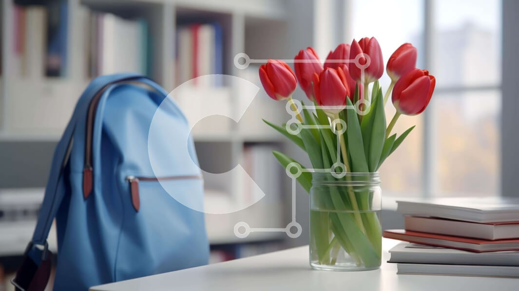 Intra Συλλεκτικό Ξύλινο Παζλ Plywood  4mm - Μπλε σακίδιο πλάτης, κόκκινες τουλίπες και βιβλία σε ένα τραπέζι Σε Ξύλινο Κουτί - Διαστάσεις Puzzle: 10x10 cm – 25 κομμάτια