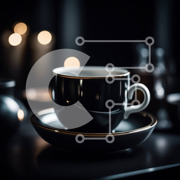 Σετ των 2 Intra Συλλεκτικό Ξύλινο Παζλ Plywood  4mm - Κομψό μαύρο φλιτζάνι καφέ και πιατάκι σε ένα σκοτεινό τραπέζι Σε Ξύλινο Κουτί - Διαστάσεις: 10x10 cm – 25 κομμάτια