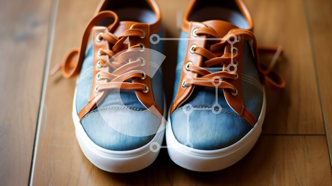 Intra Συλλεκτικό Ξύλινο Παζλ Plywood  4mm - Κομψά μπλε και πορτοκαλί αθλητικά παπούτσια σε ξύλινο πάτωμα Σε Ξύλινο Κουτί - Διαστάσεις Puzzle: 10x10 cm – 25 κομμάτια