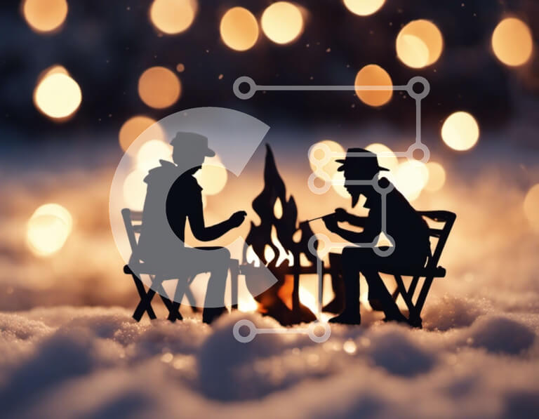 Intra Συλλεκτικό Ξύλινο Παζλ Plywood  4mm - Δύο άνθρωποι κάθονται γύρω από μια φωτιά στο χιόνι Σε Ξύλινο Κουτί - Διαστάσεις Puzzle: 10x10 cm – 25 κομμάτια